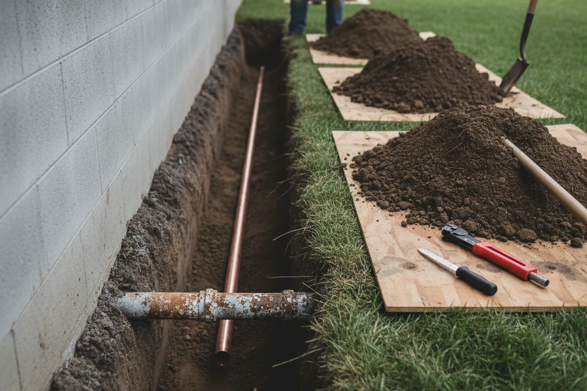 Excavated water line trench during Water Softener Installation in Woronoco